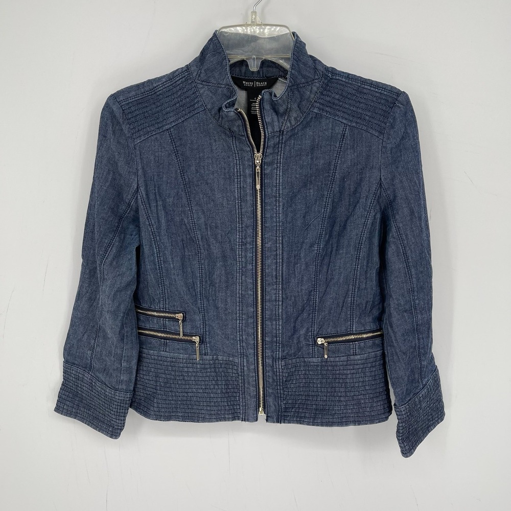 White House Black Market Women's Blue Zip Front Moto Denim Jean Jacket Size 6